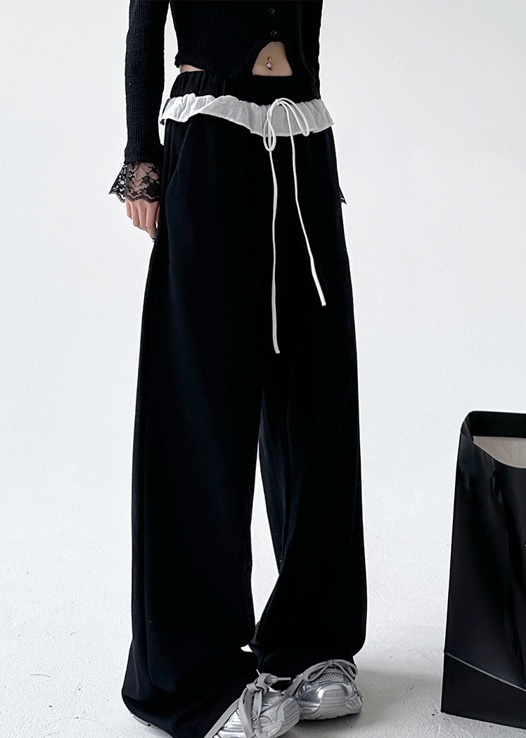 Loose Black Patchwork Tie Waist Straight Pants Spring TA064