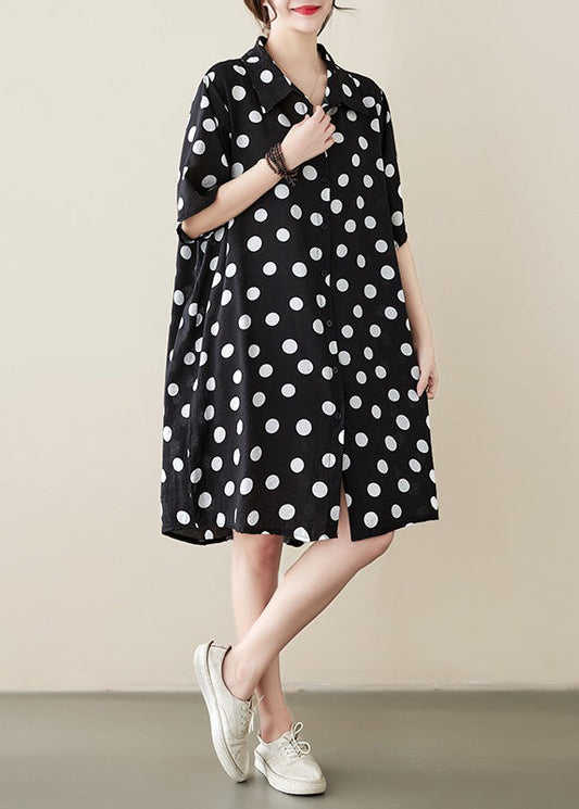 Loose Black Peter Pan Collar Dot Print Cotton Shirts Dress Summer AP072