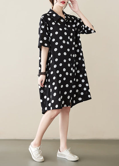 Robe chemise ample en coton à pois et col Peter Pan noir pour l'été AP072