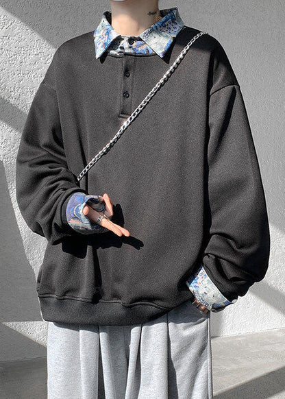 Pan Herren Baumwolle Kragen Schwarz Patchwork Sweatshirts Peter