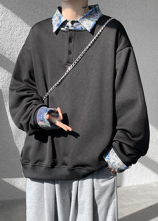 Pan Herren Baumwolle Kragen Schwarz Patchwork Sweatshirts Peter