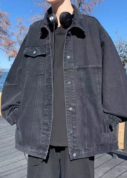 Lose Mäntel Peter Denim Kragen Herbst Taschen Herren Schwarz Pan