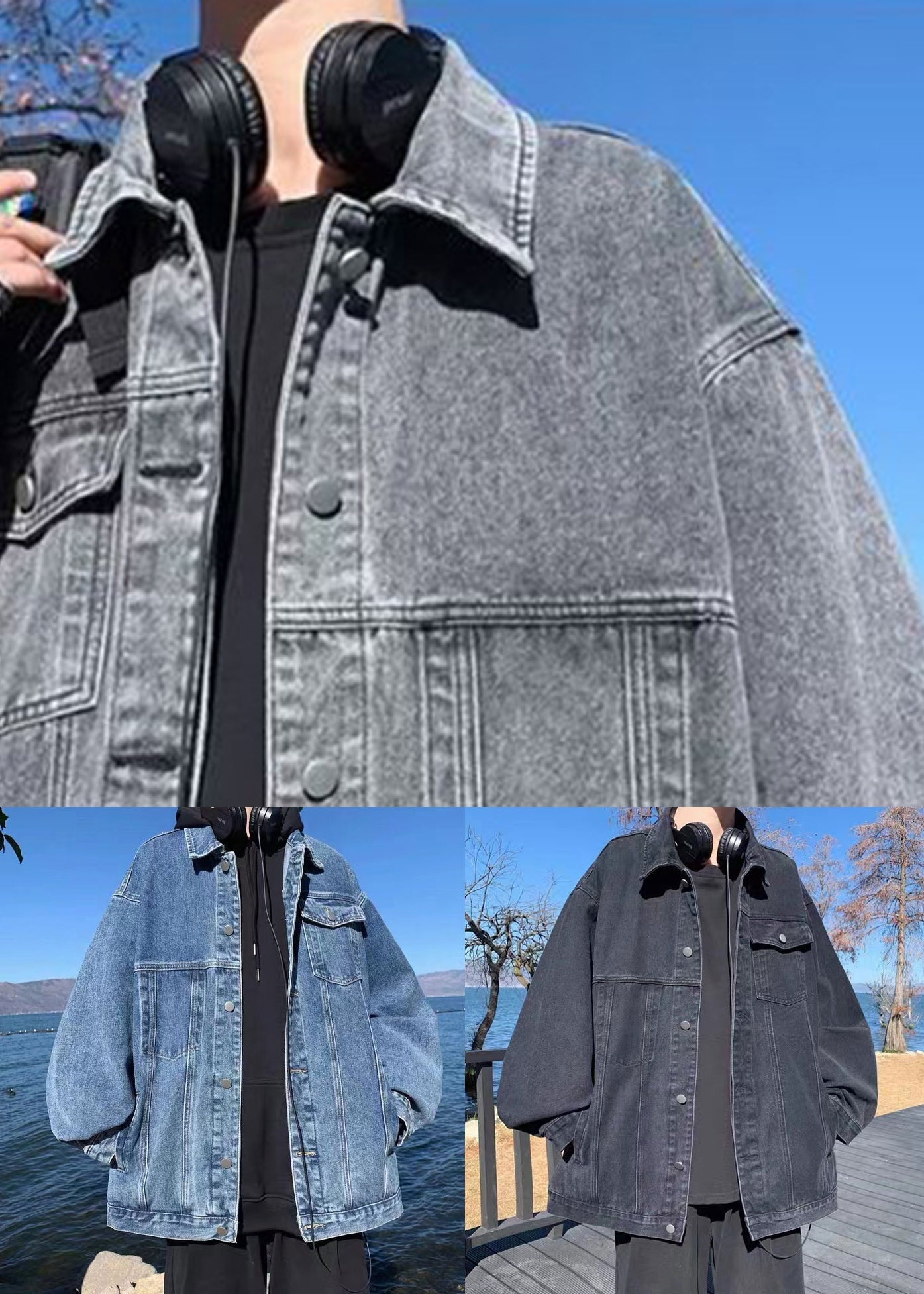 Lose Mäntel Peter Denim Kragen Herbst Taschen Herren Schwarz Pan