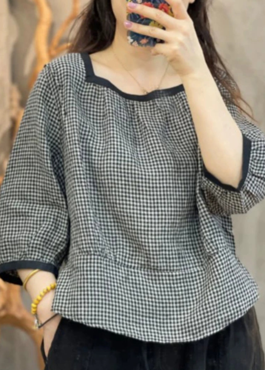 Loose Black Plaid O-Neck Patchwork Shirt Bracelet Sleeve AP013