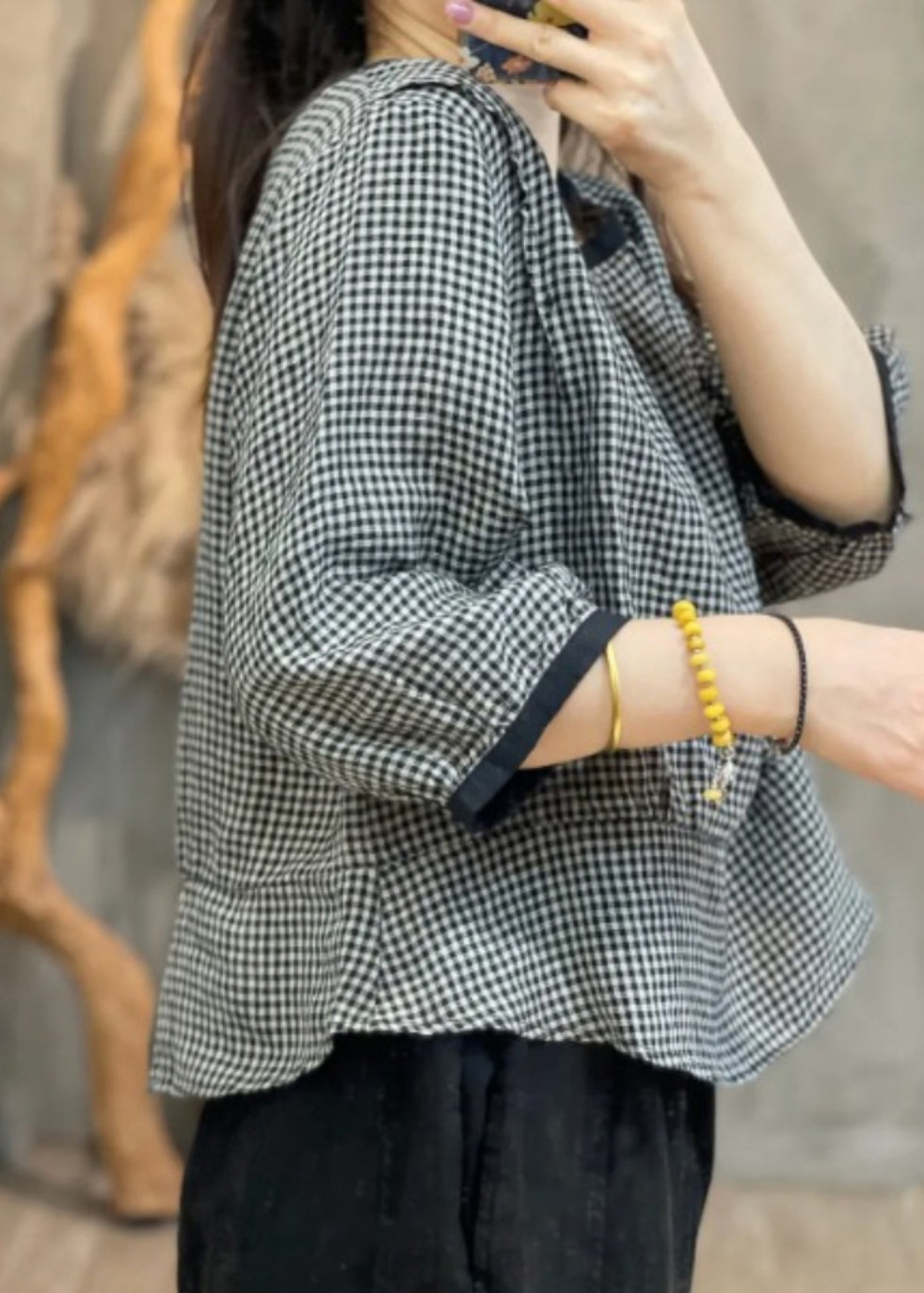 Loose Black Plaid O-Neck Patchwork Shirt Bracelet Sleeve AP013