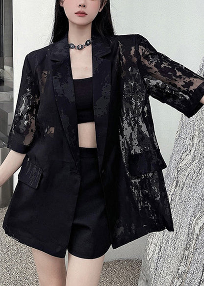 Summer Back Thin Open Pockets Side Cotton Black Coat Loose