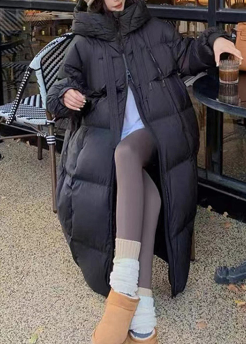 Loose Black Pockets Patchwork Zippered Hooded Maxi Parka Winter RD012