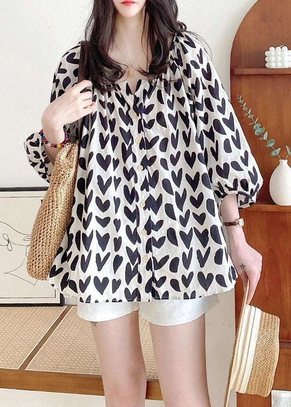 Bracelet Shirts Loose Print Cotton Black Button Sleeve