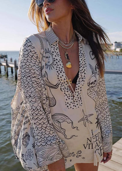 Pieces – Lockere Hemden und Shorts aus Seide in Schwarz mit zwei Spitzenbedruckungen