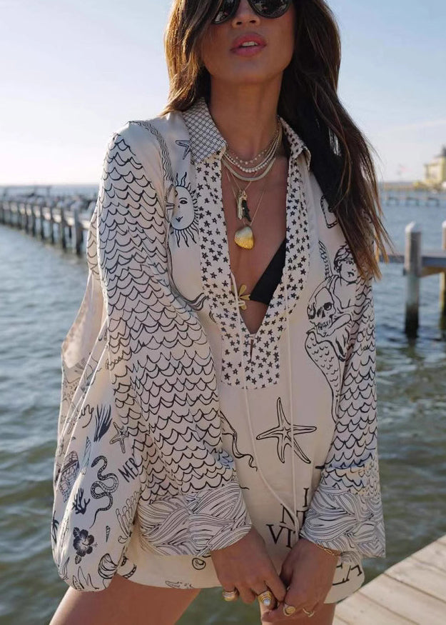 Pieces – Lockere Hemden und Shorts aus Seide in Schwarz mit zwei Spitzenbedruckungen