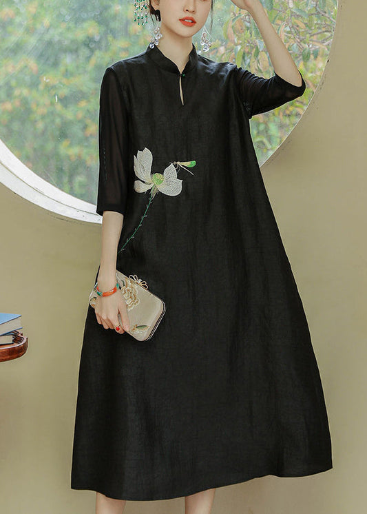 Loose Black Stand Collar Print Pockets Silk Dress Half Sleeve OP1007