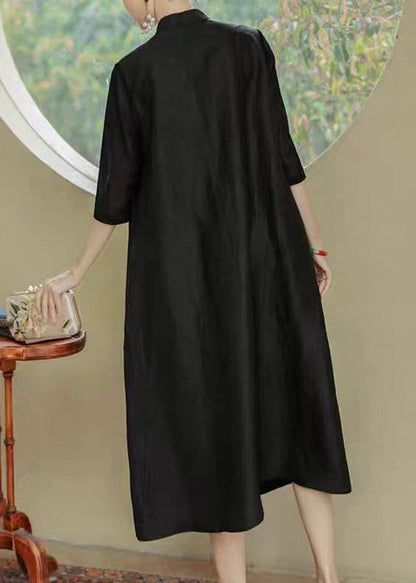 Robe ample en soie noire à col montant et poches imprimées, manches mi-longues OP1007