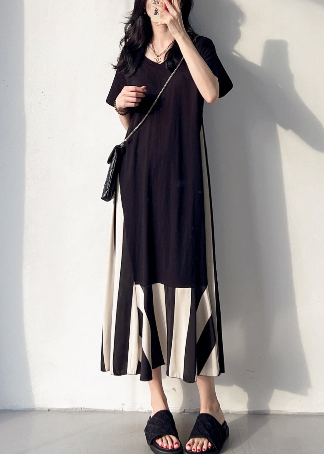 Loose Black V Neck Patchwork Cotton Long Dress Summer BV004