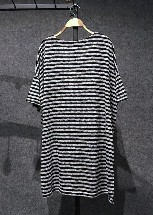 Loose Black V Neck Striped Side Open Cotton T Shirts Tops Summer AP068