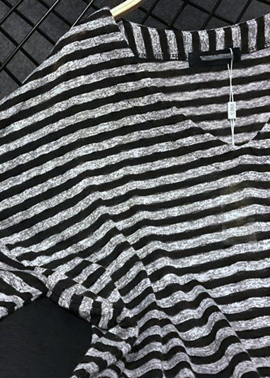 Loose Black V Neck Striped Side Open Cotton T Shirts Tops Summer AP068