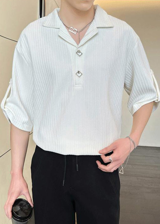 Men Shirt Cotton Solid Wrinkled Half Black Sleeve Loose Polo