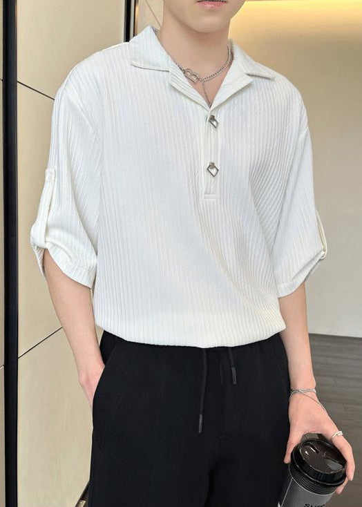 Men Shirt Cotton Solid Wrinkled Half Black Sleeve Loose Polo