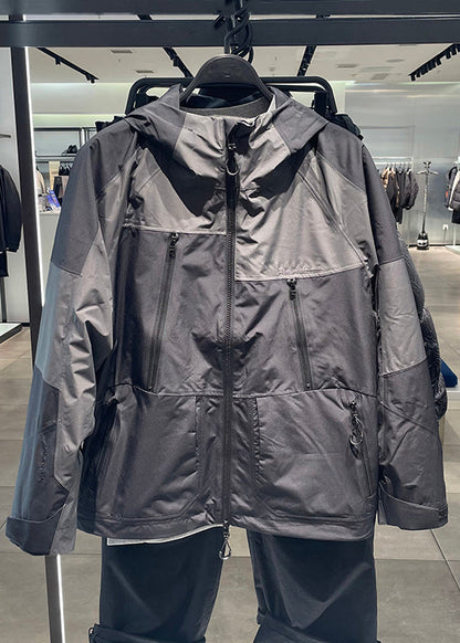 Black Patchwork Mens Hooded Coat Spring Loose Zippered Cotton