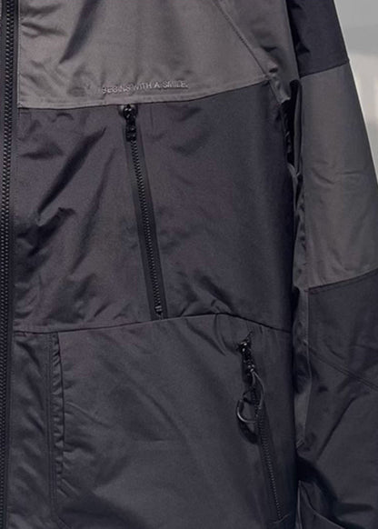 Black Patchwork Mens Hooded Coat Spring Loose Zippered Cotton