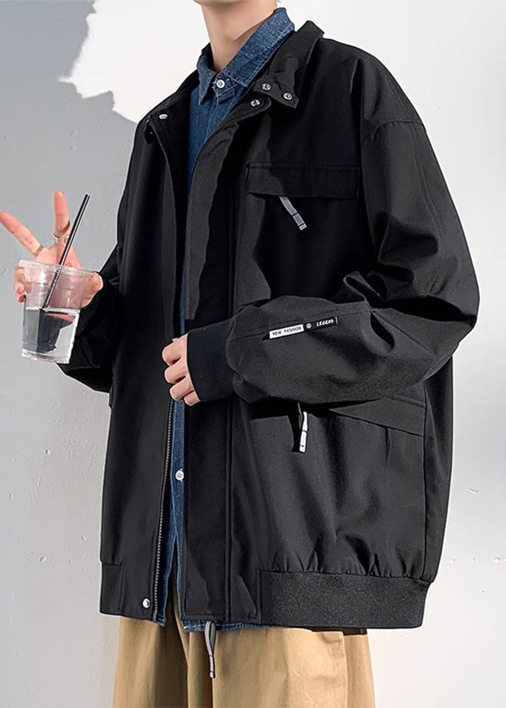 Manteaux solides à fermeture éclair pour hommes en coton, poches noires, amples, printemps