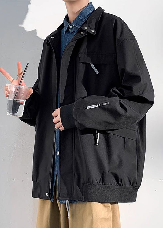 Manteaux solides à fermeture éclair pour hommes en coton, poches noires, amples, printemps