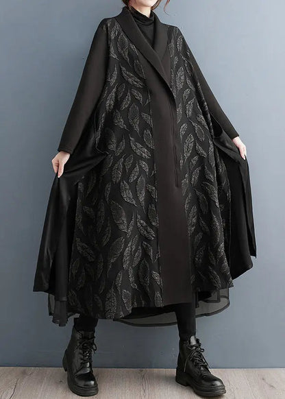 Loose Black Zippered Print Tulle Patchwork Long Trench Coat Fall Ada Fashion