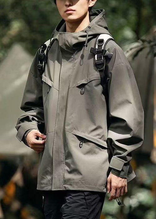 Manteaux amples à poches zippées et à capuche pour homme en coton vert noirâtre