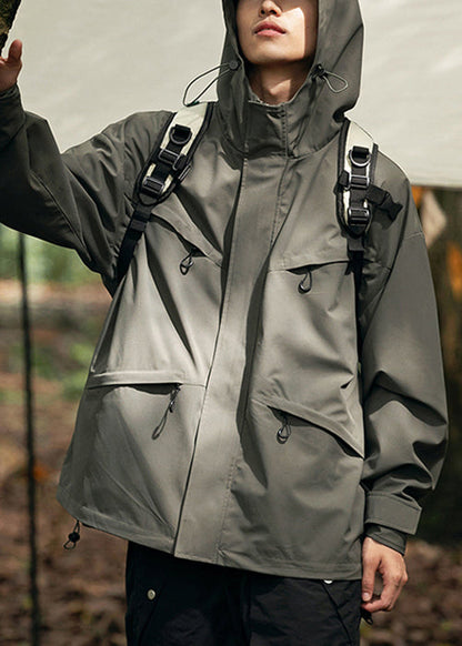 Manteaux amples à poches zippées et à capuche pour homme en coton vert noirâtre