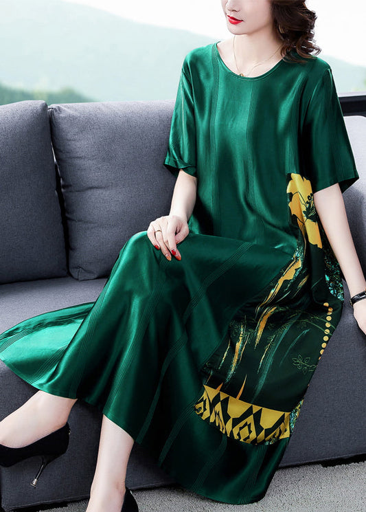 Loose Blackish Green O Neck Print Silk Long Dress Summer OP1049