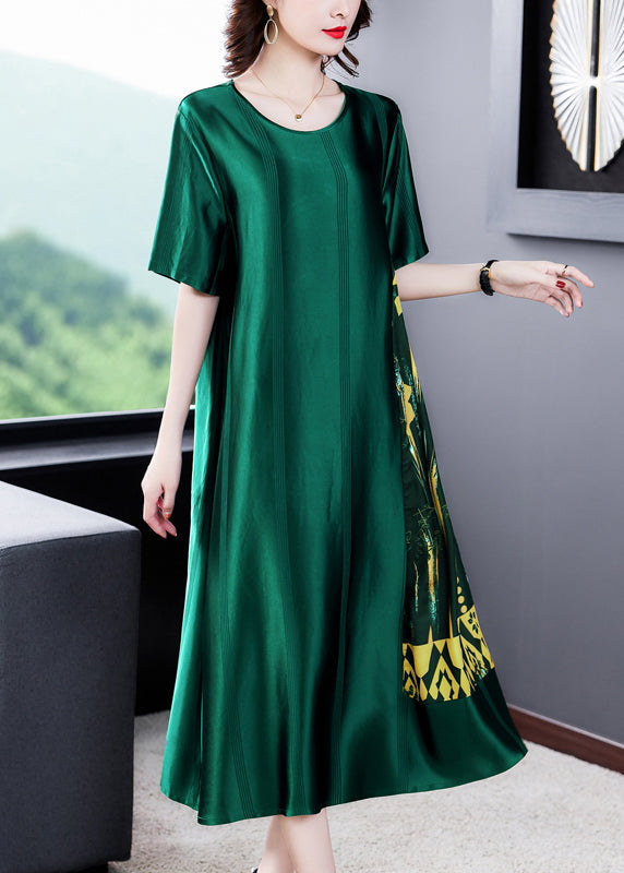 Loose Blackish Green O Neck Print Silk Long Dress Summer OP1049