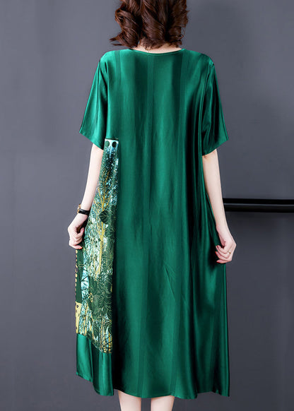 Robe longue ample en soie imprimée à col rond vert noirâtre pour l'été OP1049