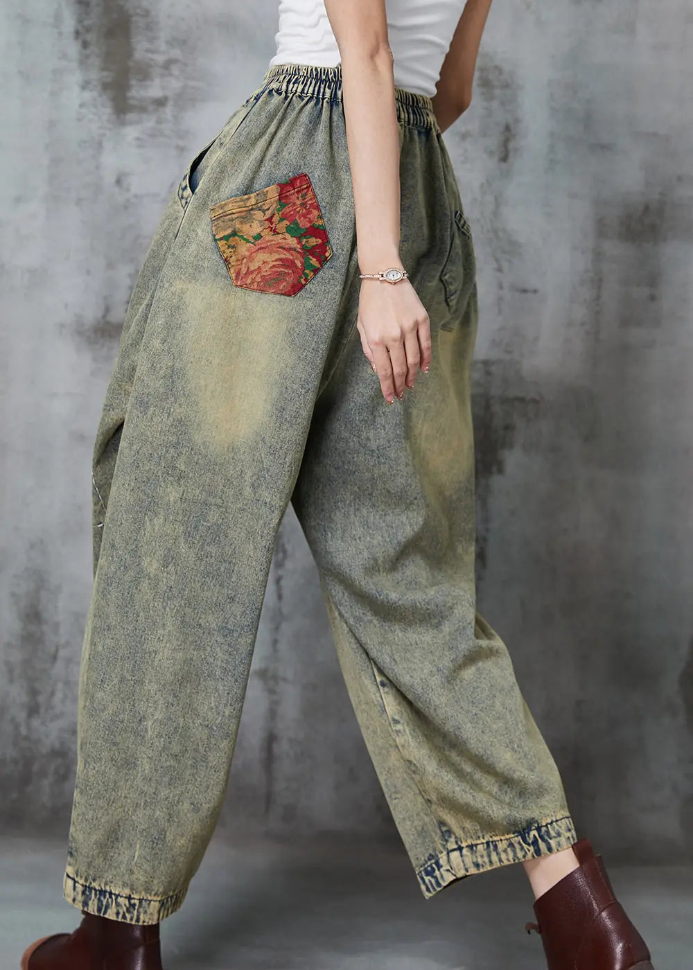 Loose Blue Elastic Waist Patchwork Applique Denim Pants Spring Ada Fashion