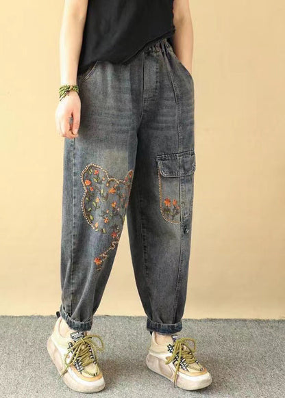 Pantalon en jean bleu ample avec poches brodées et taille élastique, printemps QQ1018