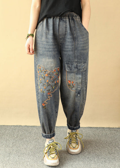 Pantalon en jean bleu ample avec poches brodées et taille élastique, printemps QQ1018