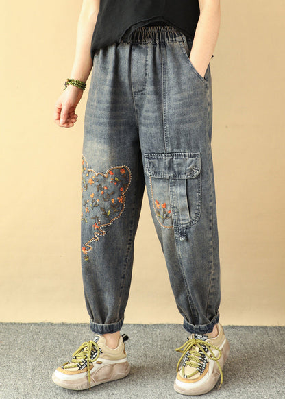 Pantalon en jean bleu ample avec poches brodées et taille élastique, printemps QQ1018