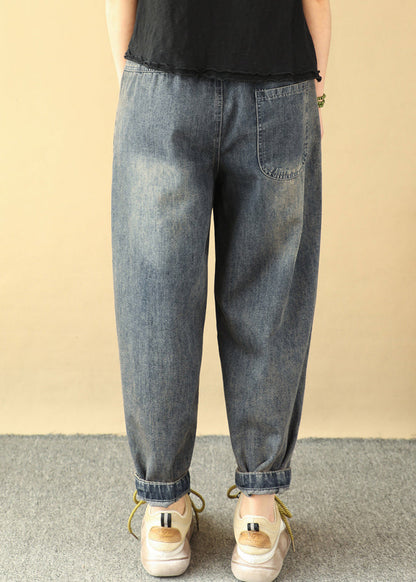 Pantalon en jean bleu ample avec poches brodées et taille élastique, printemps QQ1018