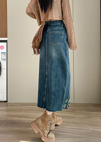 Loose Blue Hole Pockets High Waist Denim Skirt Spring Ada Fashion