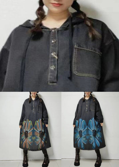 Robe ample en jean bleu à capuche et manches longues MN058