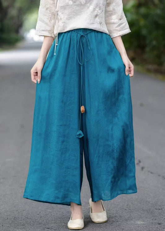 Pantalon large d'été bleu élastique à jambes amples et à lacets en coton