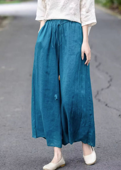 Pantalon large d'été bleu élastique à jambes amples et à lacets en coton