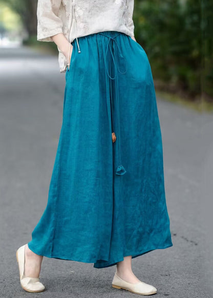 Pantalon large d'été bleu élastique à jambes amples et à lacets en coton