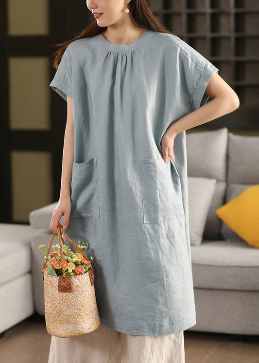 Blaue Sommerkleider mit Rundhalsausschnitt und Taschen aus Leinen