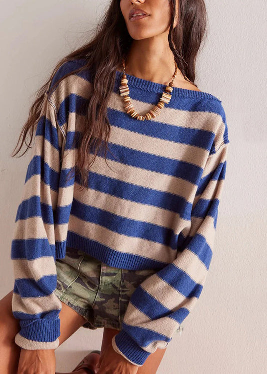 Loose Blue O Neck Striped Short Knit Pullover Fall QY032