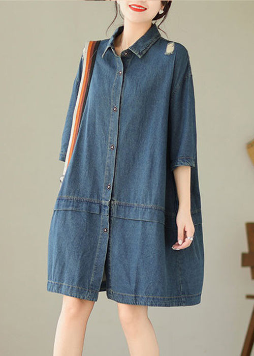 Loose Blue Peter Pan Collar Button Denim Mid Dress Half Sleeve AU1050