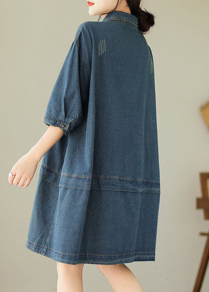 Robe mi-longue en jean bleu ample à col Peter Pan et boutons à demi-manches AU1050