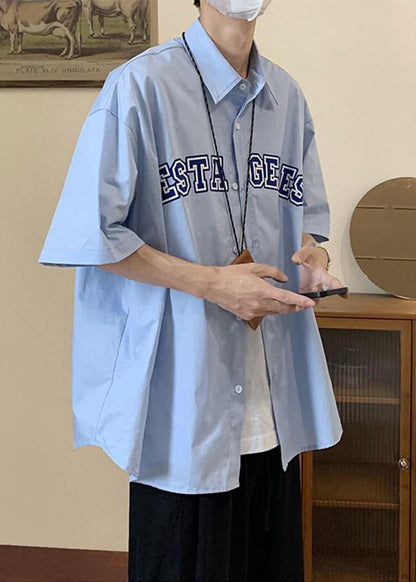 Chemises d'été à col Peter Letter en coton bleu pour homme, coupe ample