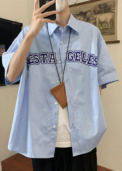 Chemises d'été à col Peter Letter en coton bleu pour homme, coupe ample