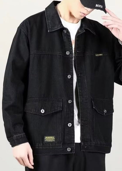 Manteaux en denim à col Peter pour homme, amples et bleus, avec poches, collection printemps