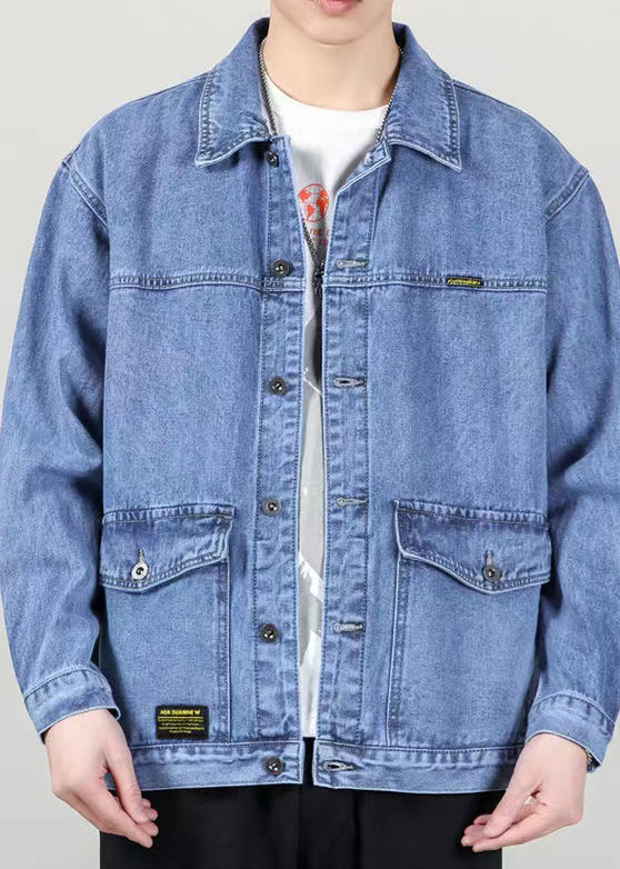 Manteaux en denim à col Peter pour homme, amples et bleus, avec poches, collection printemps