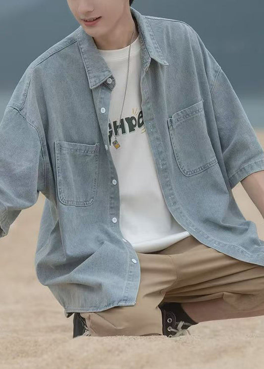 Blau Herren Pan Shirts Frühling Taschen Lose Peter Denim